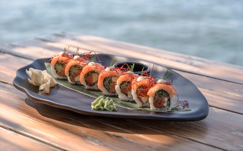 Platter of fresh sushi with raw salmon and tuna