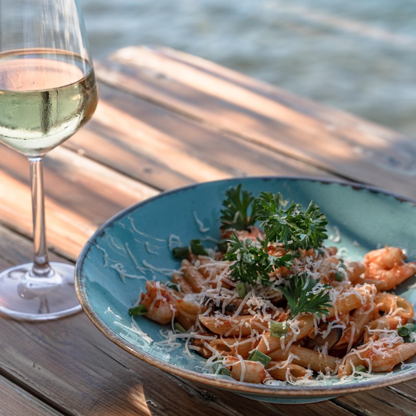 Pasta and a glass of white wine